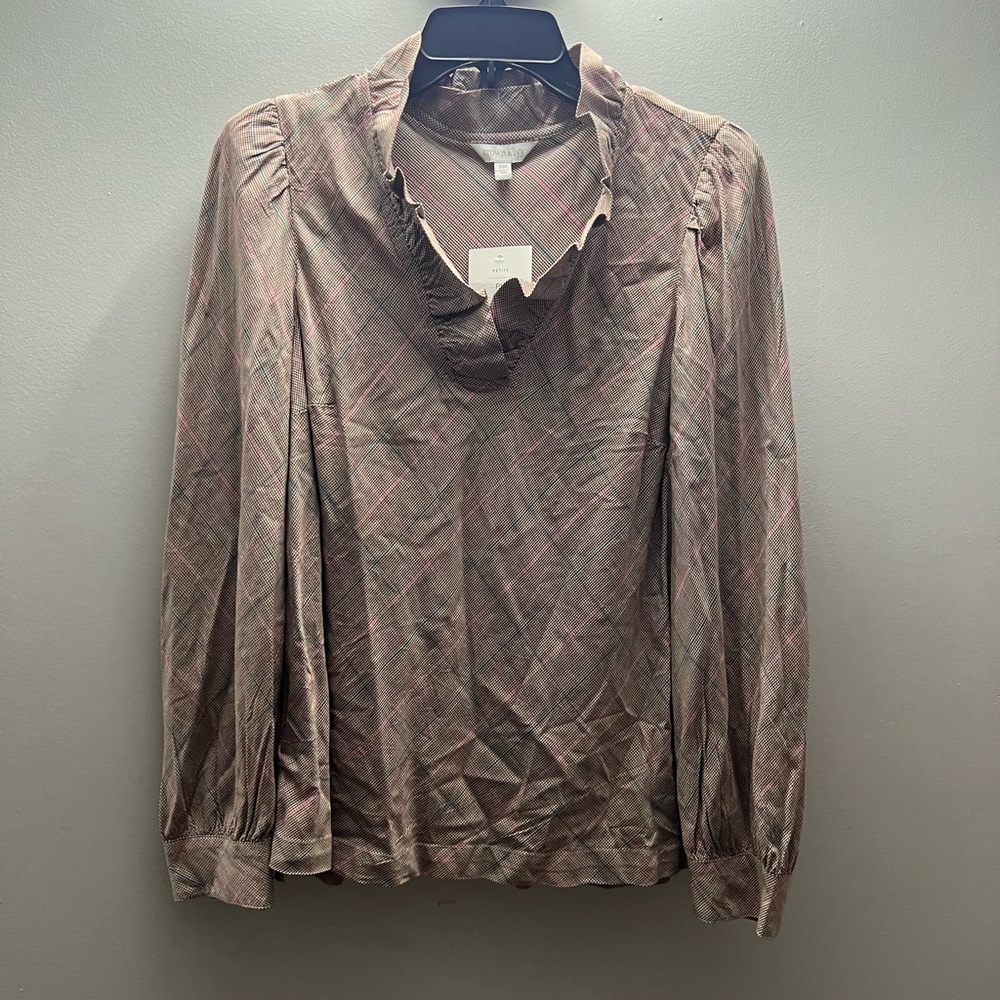 Womens Crown and Ivy Plaid Ruffle V-Neck Blouse